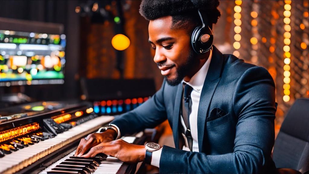 a man in a suit and headphones playing music on a keyboard