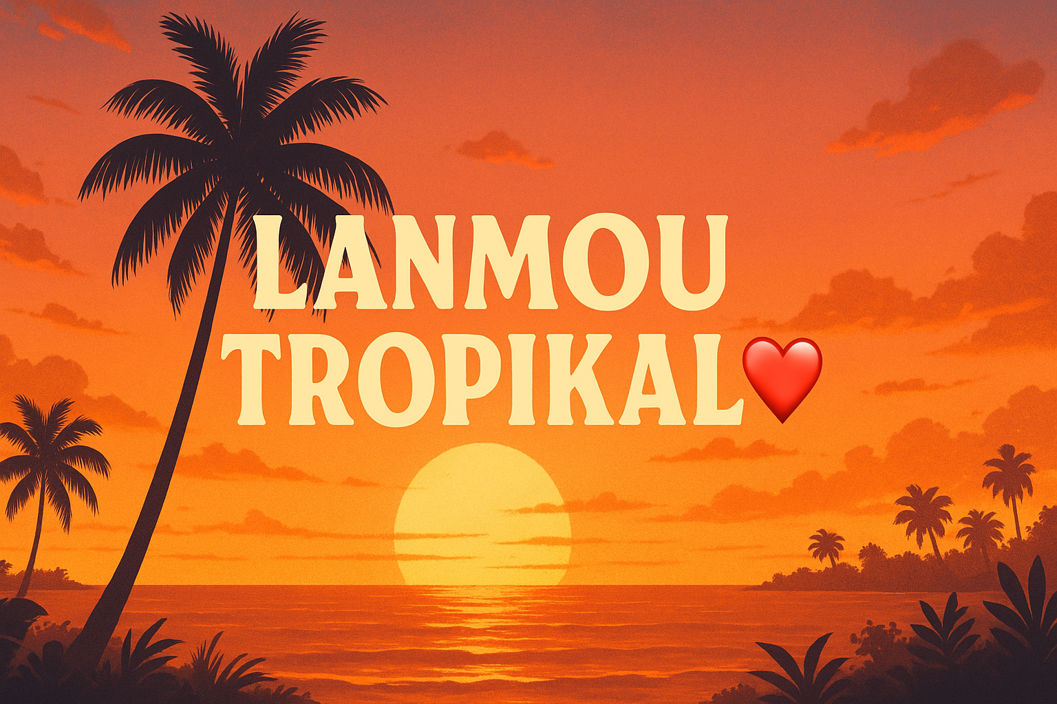 image d'une plage couché de soleil orangé ou il est écris Lanmou Tropikal