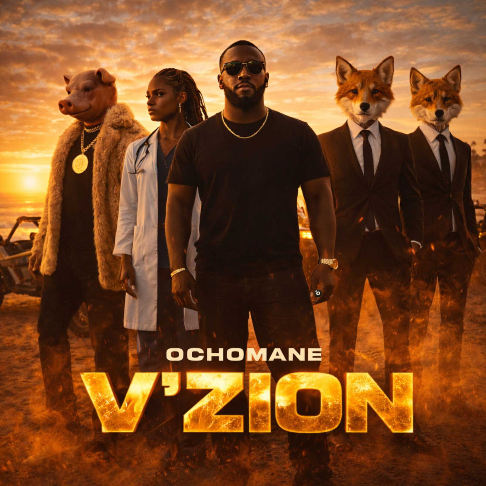Album cover for Ochomane V'Zion featuring people in animal masks and a doctor at sunset.