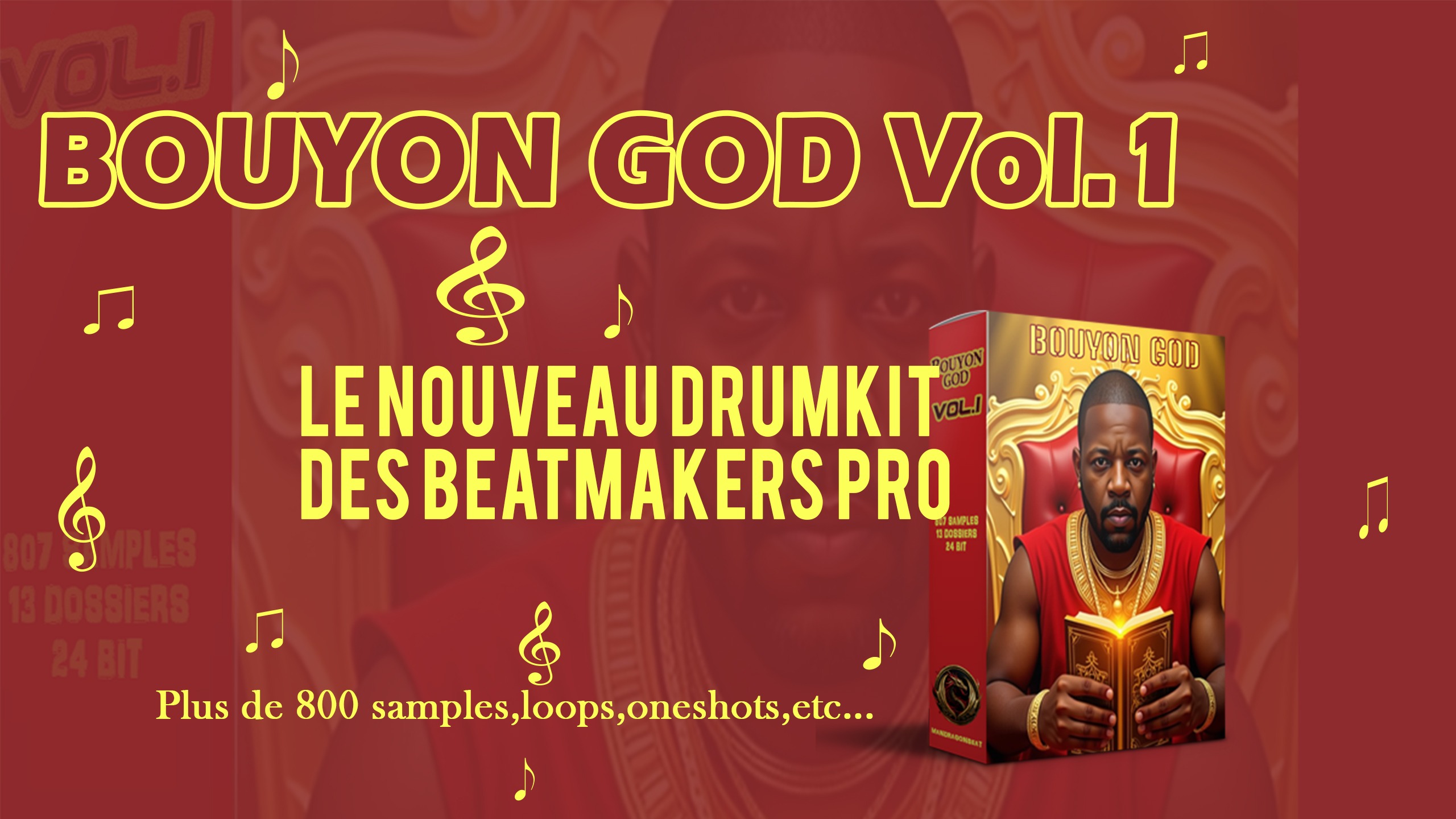 flyers du bouyon god vol1 de couleur rouge et jaune et boîte du kit
