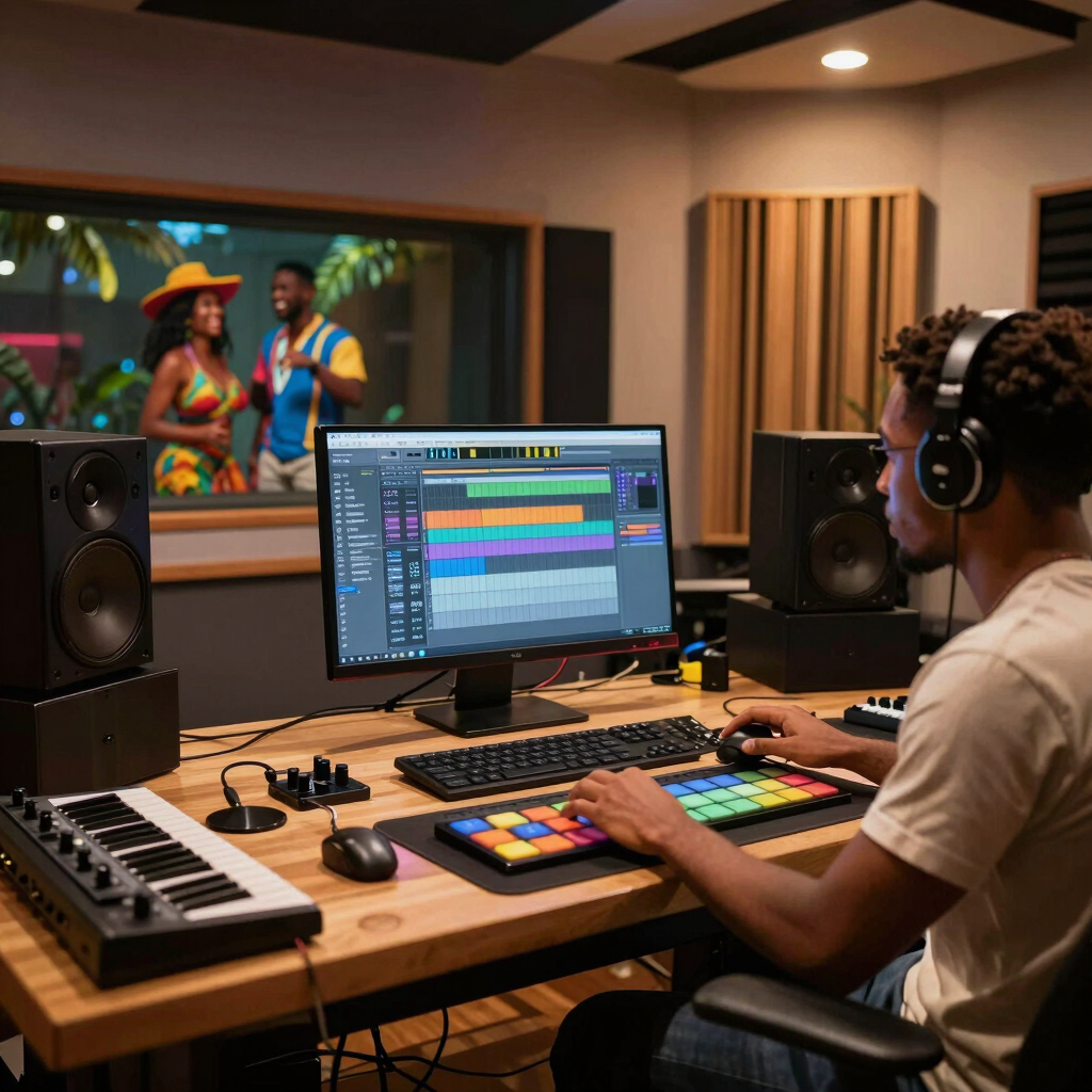 A music producer wearing headphones works on a digital audio workstation in a professional recording studio.