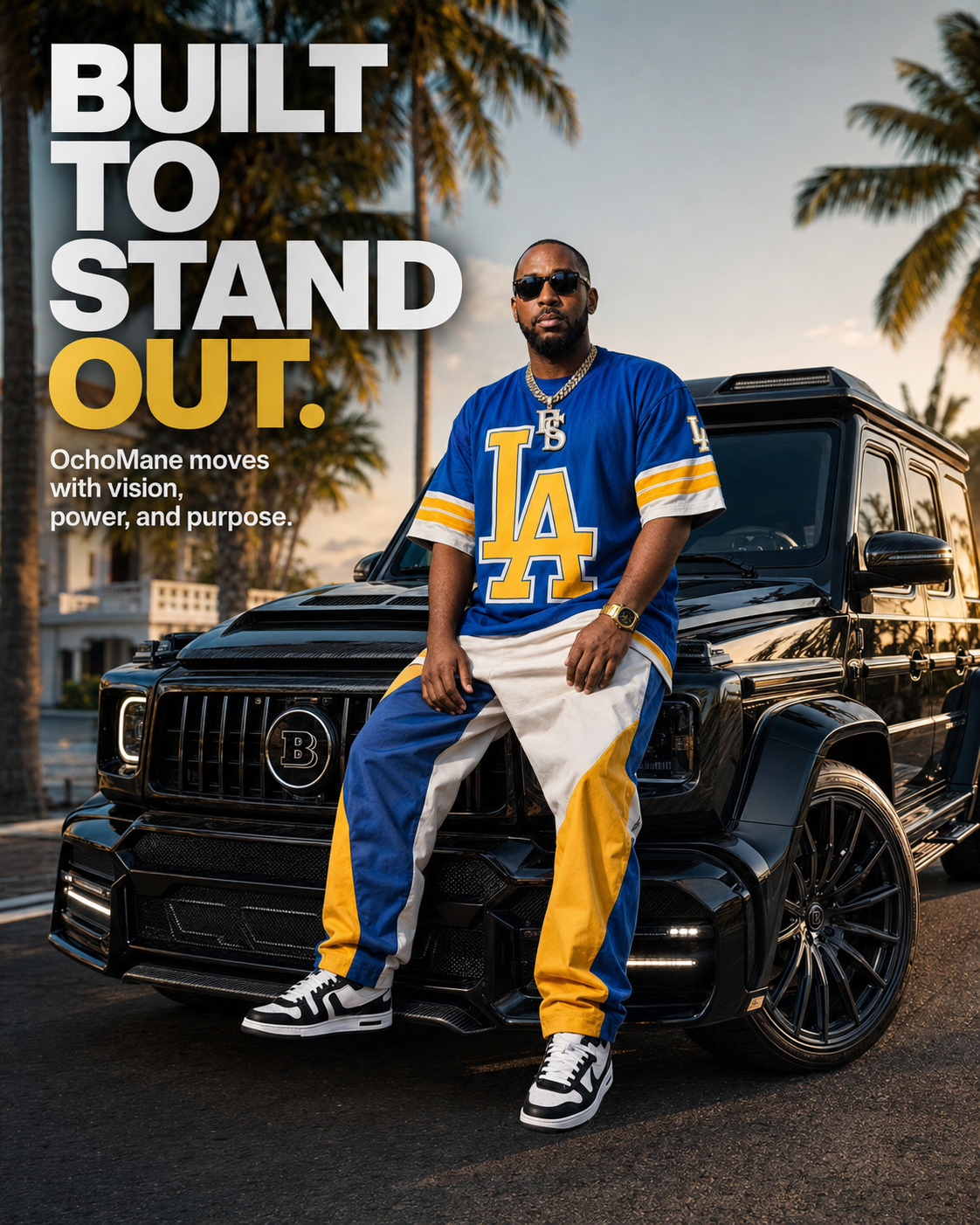OchoMane wearing a blue and yellow LA jersey while sitting on a black Brabus G-Wagon luxury SUV.