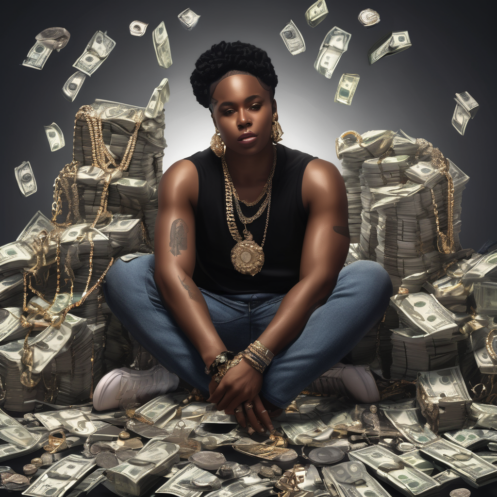une belle et jeune artiste R&B noire assise sur un tas de dollars et de bijoux