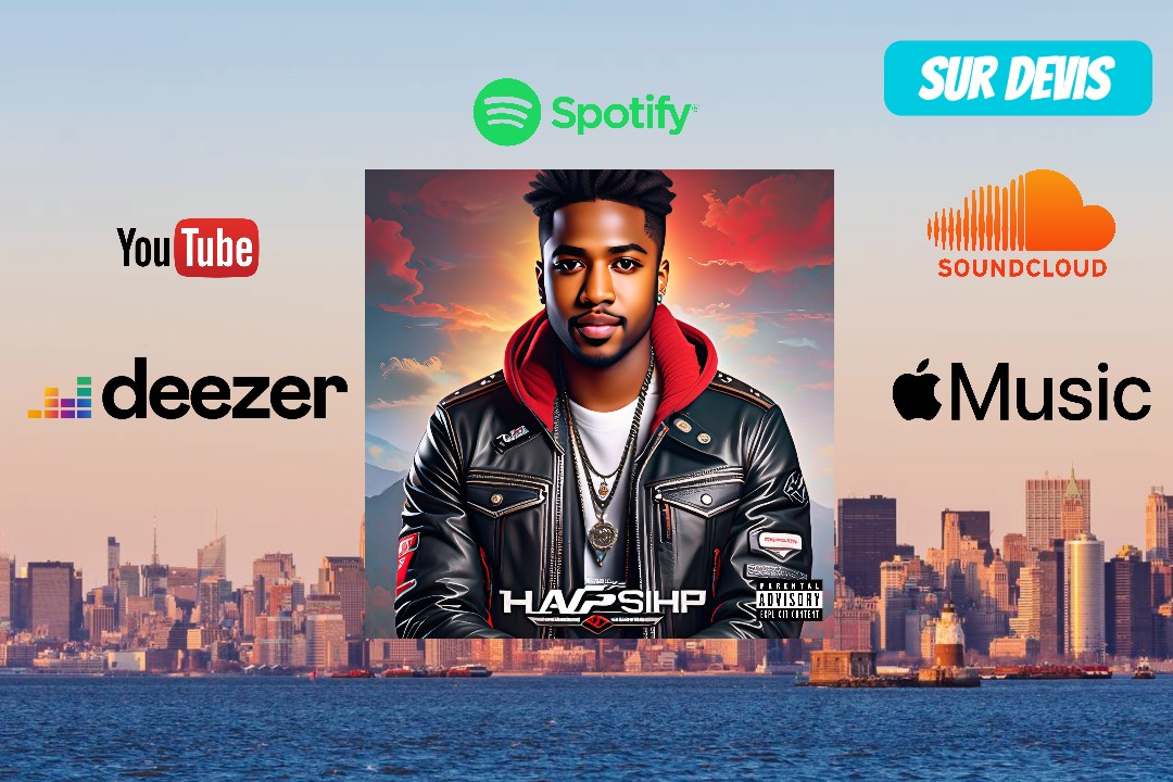 a man in a leather jacket and a photo of a city skyline