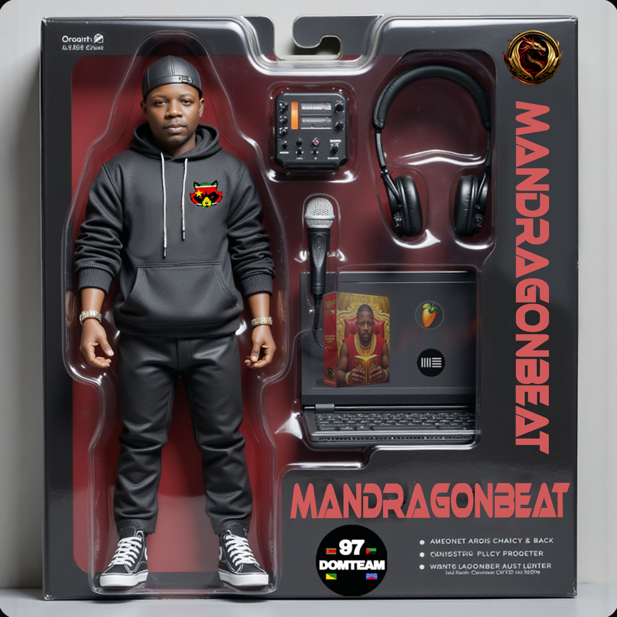 boîte d'une figurine de mandragonbeat avec ses accessoire, micro, casque, ordinateur et carte son.